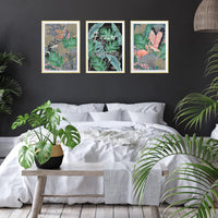 Hand painted Hoopoe Bird, Flamingo and Brave Art pwints on a bedroom wall with indoor plants