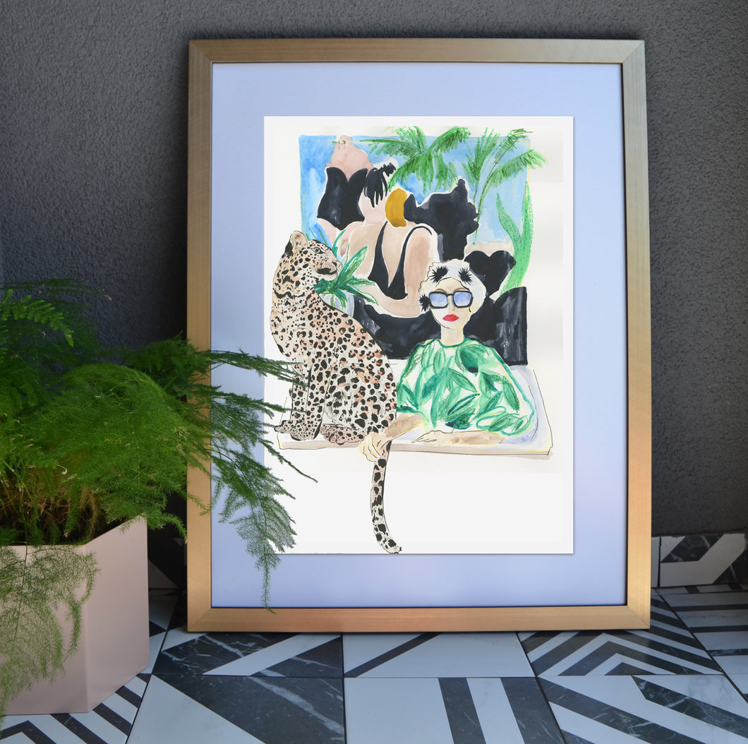 Expressionist painting of woman in the bath with a leopard sitting next to her. Hand Painted gift, perfect to hang with indoor plants in your bathroom or hallway