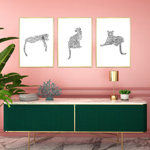 Load image into Gallery viewer, Hand painted leopards in gold frames in a mid century colourful room. Uplifting art gift set, limited edition
