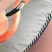 Load image into Gallery viewer, HANDMADE VELVET FLAMINGO CUSHION DETAIL. ECO-FRIENDLY CUSHION STUFFING
