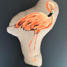 Load image into Gallery viewer, HANDMADE FLAMINGO VELVET CUSHION HANDMADE IN SUSSEX. FOR PINK FANS AMD MAXIMALISTS. THE PERFECT STATEMENT HOMEWARE GIFT.
