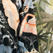 Load image into Gallery viewer, Black handmade linen kimono jacket tropical birds detail
