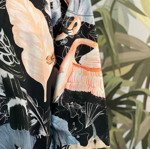 Black handmade linen kimono jacket tropical birds detail