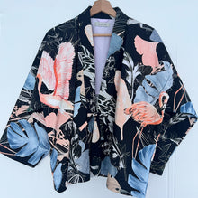 Load image into Gallery viewer, Black handmade kimono jacket with tropical birds, perfect layer with jeans
