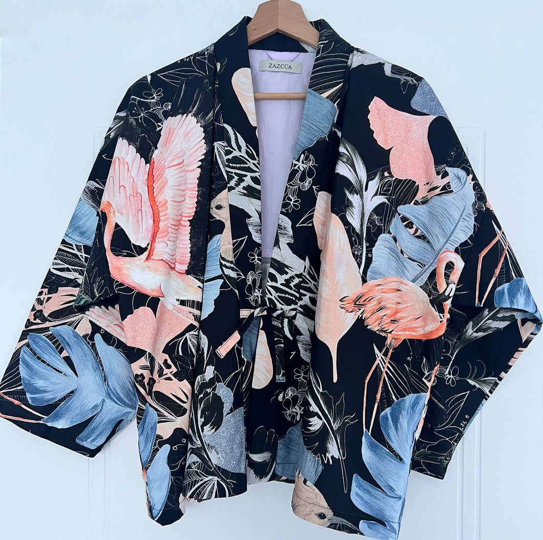 Black handmade kimono jacket with tropical birds, perfect layer with jeans