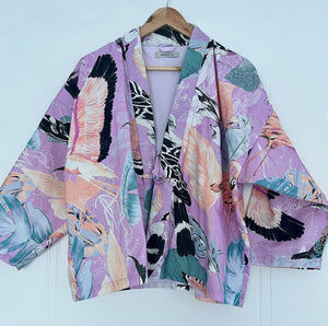 Lilac Linen handprinted kimono jacket with tropical birds