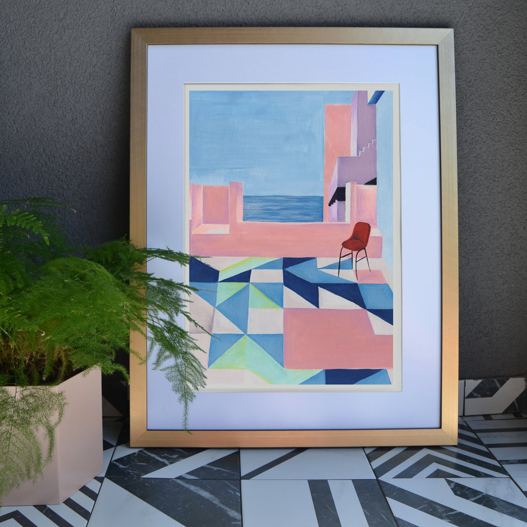 Hand Painted and Limited Edition Art Print inspired by La Muralla Roja. Create a sense of escapism in your home, dream of colourful courtyards, from  £79
